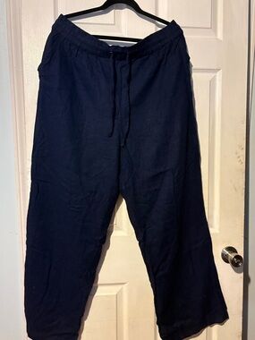 Denim&Co Naturals Navy Linen Blend Straight-Leg Drawstring Pants